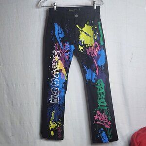 Sacred Crown Brand Black Fresh Savage Painted Cotton Span Stretch Jeans Size 16